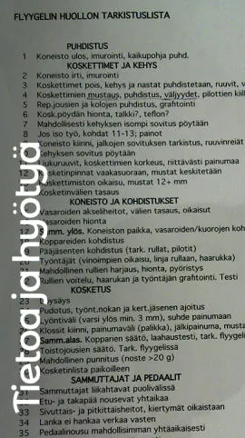 Valikkokuva tietoa ja hyötyä. Taustalla flyygelin huollon tarkistuslista.