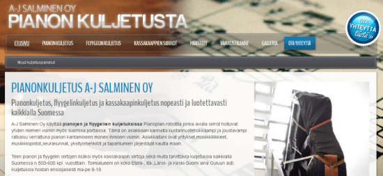 Pianonkuljetus A-J Salmisen nettisivun kuvakaappaus